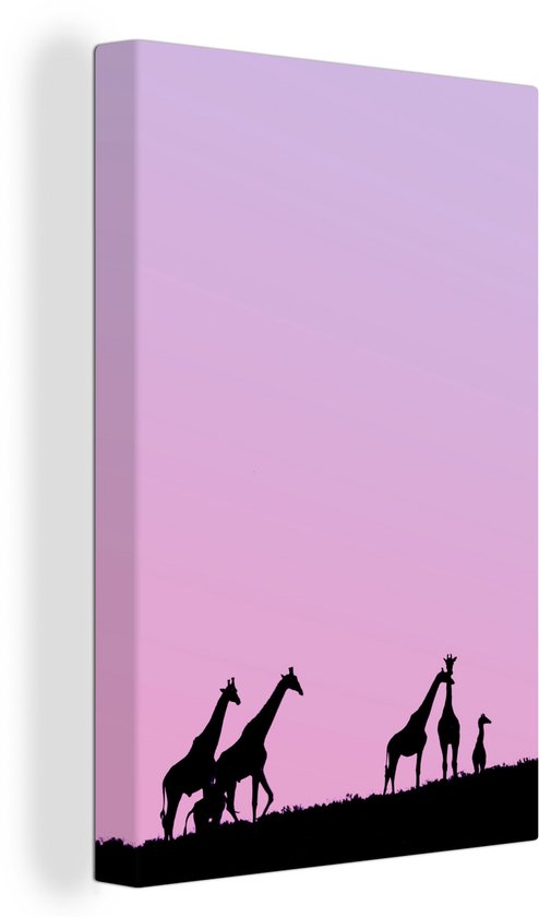 Toile - Silhouette de girafes avec un ciel rose - 20x30 cm - Décoration