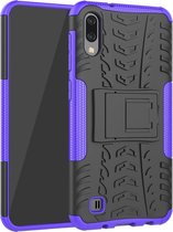 Schokbestendige PC + TPU-bandenpatroonbehuizing voor Galaxy M10, met houder (paars)