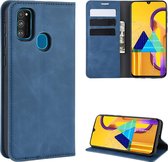 Voor Galaxy M30s Retro-skin Business magnetische zuignap Case met houder & kaartsleuven & portemonnee (donkerblauw)