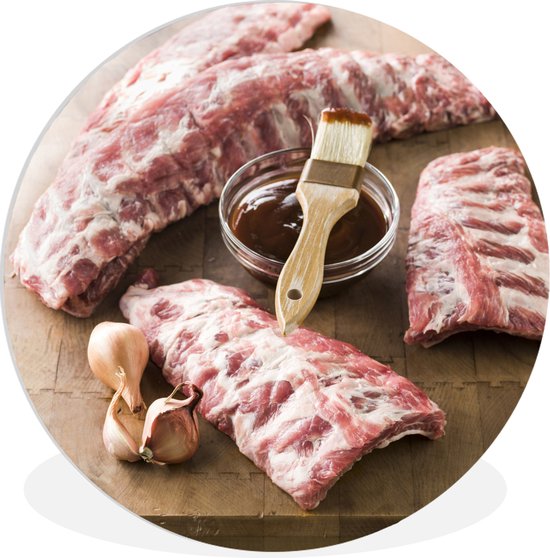 Côtes levées crues avec récipient pour faire mariner la viande Assiette en plastique cercle mural ⌀ 90 cm - impression photo sur cercle mural / cercle vivant (décoration murale)