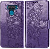 Butterfly Love Flowers Embossing Horizontale Flip Leather Case voor LG Q60, met houder & kaartsleuven & portemonnee & lanyard (donkerpaars)