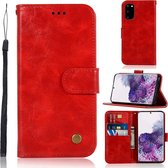 Voor Galaxy S20 Retro koperen knop Crazy Horse Horizontale flip PU lederen tas met houder & kaartsleuven & portemonnee en lanyard (rood)