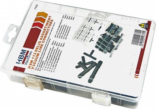 Een gesloten assortimentsdoos met vacuümslangkoppelingen met een etiket waarop 'HBM 113 Delige Assortiment Vacuum Line Connectors' staat.