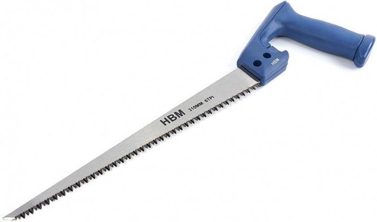 Een blauwe schrobzaag met een metalen zaagblad van 310 mm, met de tekst HBM 310MM 6TPI.