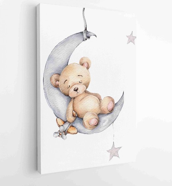 Watercolor hand draw illustration brown teddy bear boy sleeping on the moon with airplane toy in his hand - Moderne schilderijen - Vertical - 1497359783 - 80*60 Vertical