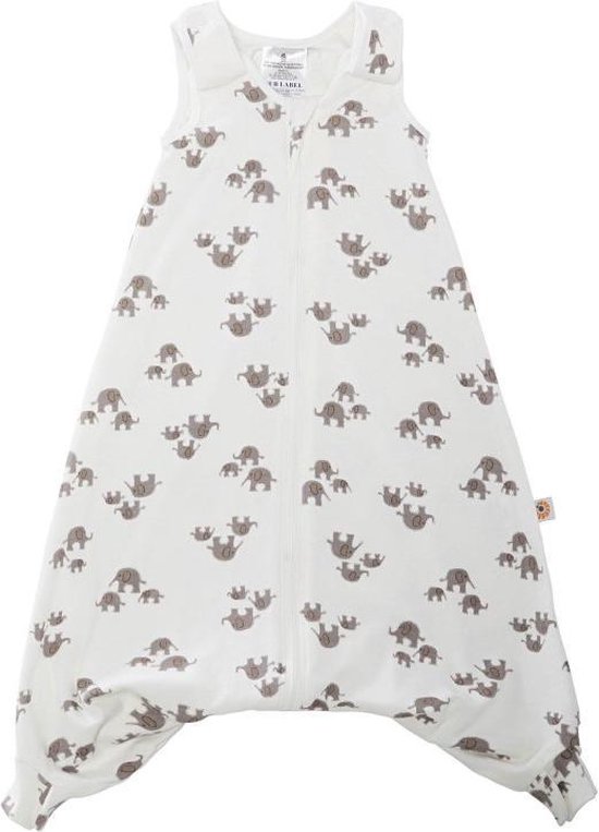 Witte babyslaapzak met uitklapbare broekspijpen, voorzien van een grijze olifantenprint.
