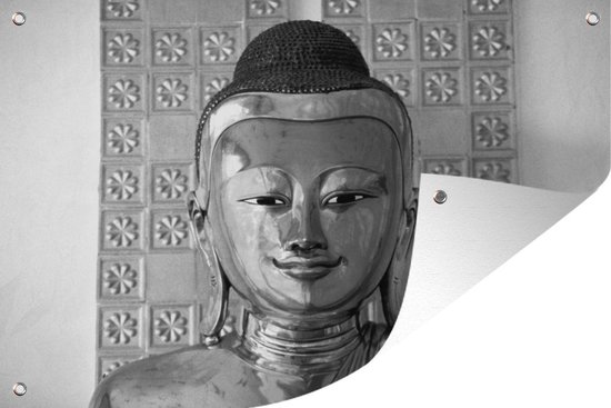 Tuinposter - Tuindoek - Tuinposters buiten - Boeddha beeld - zwart wit - 120x80 cm - Tuin