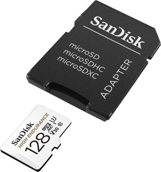 SanDisk High Endurance 128GB microSDXC kaart en adapter.