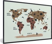 Wereldkaart Kinderen - Dieren - Bruin - Schoolplaat - Kinderkamer - 60x40 cm