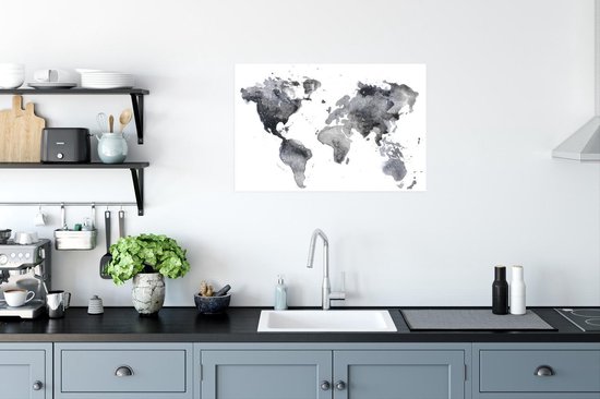 Carte du monde abstraite réalisée à l'aquarelle noire et grise 90x60 cm