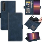 Voor Sony Xperia 1 III Dual-side magnetische gesp horizontale flip lederen tas met houder en kaartsleuven en portemonnee (donkerblauw)