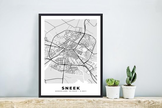 Fotolijst incl. Poster - Stadskaart - Sneek - Grijs - Wit - 20x30 cm - Posterlijst - Plattegrond