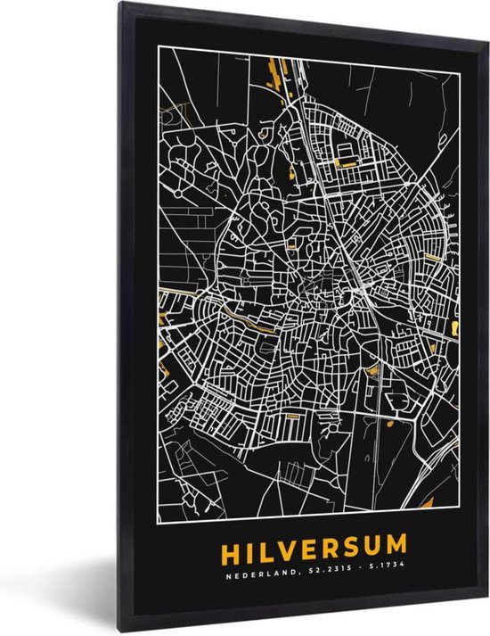 Fotolijst incl. Poster - Stadskaart - Hilversum - Goud - Zwart - 80x120 cm - Posterlijst - Plattegrond