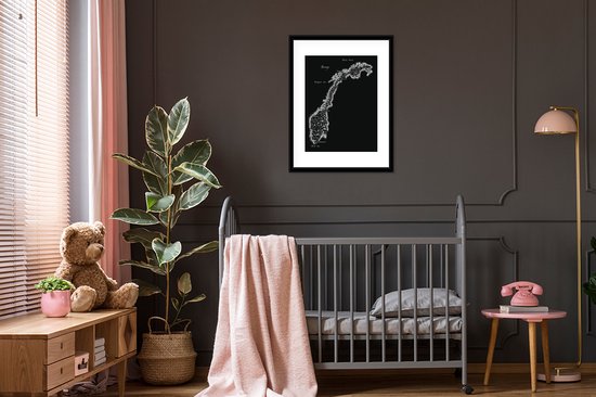 Photo encadrée - Carte Zwart et blanc des montagnes et plans d'eau en Norvège Cadre photo 60x80 cm - Affiche encadrée (Décoration murale salon / chambre)