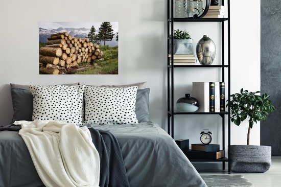 Plusieurs troncs d'arbres s'entassent dans un poster paysage de montagne enneigé 90x60 cm - Tirage photo sur Poster (décoration murale salon / chambre) / Poster Plantes
