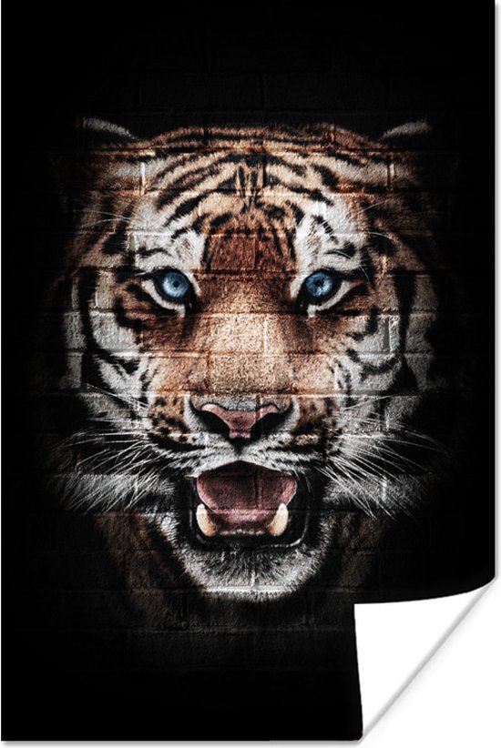 Tête de tigre avec un motif de pierres sur fond noir 40x60 cm