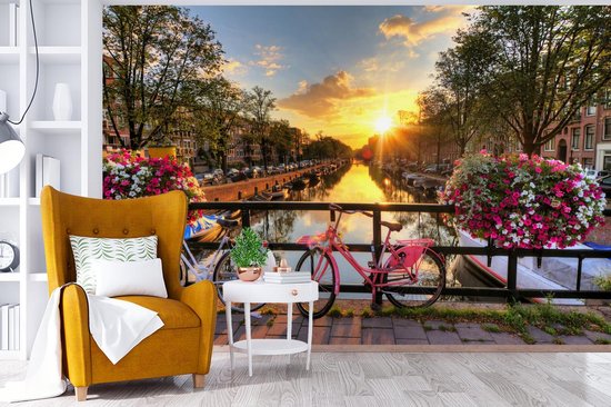 Behang - Fotobehang Fiets - Amsterdam - Lente - Breedte 360 cm x hoogte 240 cm