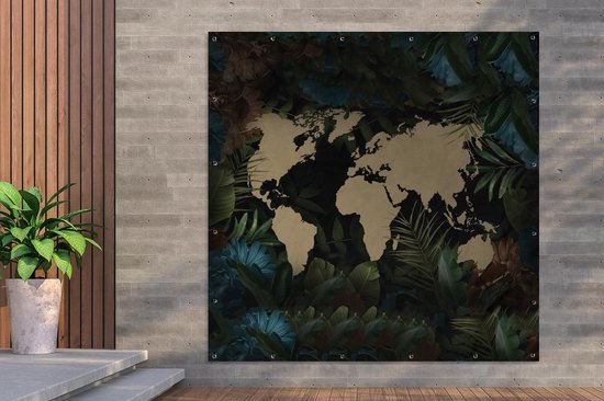 Poster de Jardin Wereldkaart - Fleurs - Blauw - 200x200 cm - Toile de jardin - Poster extérieur