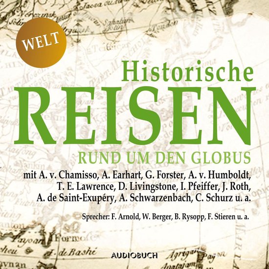 Historische Reizen - Rund um den Globus, audioboek met een kaart van de wereld op de achtergrond.