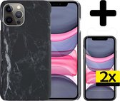 Hoesje Geschikt voor iPhone 11 Pro Max Hoesje Marmer Case Hard Cover Met 2x Screenprotector - Hoes Geschikt voor iPhone 11 Pro Max Case Marmer Hoesje Backcover - Zwart