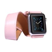 Voor Apple Watch 42 mm dubbele cirkel stijl metalen gesp rundleer horlogeband met connector (roze)