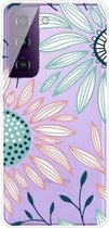 Voor Samsung Galaxy S21 + 5G gekleurd tekeningpatroon zeer transparant TPU beschermhoes (roze groene bloem)