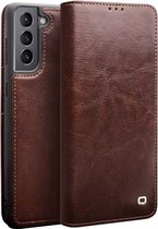 Qialino Genuine Leather Boekmodel hoesje Samsung S21 Plus Bruin