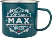 Mok - Top vent - Max - Geëmailleerd - Gevuld met een verpakte toffeemix - In cadeauverpakking
