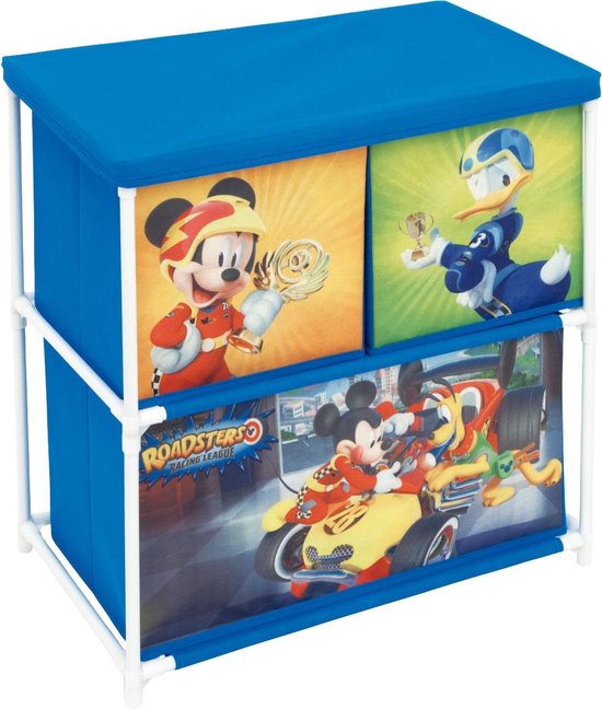 Blauwe opbergkast met 3 lades, met afbeeldingen van Mickey Mouse en Donald Duck in racekleding.