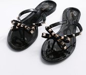 Dames flip-flops strass strik instap platte sandalen, maat: 36 (zwart)