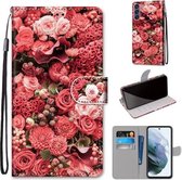 Voor Samsung Galaxy S21 FE Gekleurde tekening Cross Texture Horizontale Flip PU lederen tas met houder & kaartsleuven & portemonnee & lanyard (Pink Rose Garden)