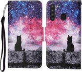 Voor Samsung Galaxy A21 Gekleurde Tekening Patroon Horizontale Flip Leren Case met Houder & Kaartsleuven & Portemonnee & Lanyard (Starry Cat)