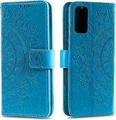 Voor Huawei Y5p Totem Bloem Reliëf Horizontale Flip TPU + PU Leren Case met Houder & Kaartsleuven & Portemonnee (Blauw)