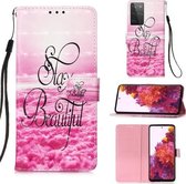 Voor Samsung Galaxy 21 Ultra 5G 3D Schilderen Horizontale Flip Leren Case met Houder & Kaartsleuf & Portemonnee & Lanyard (Roze Wolken)