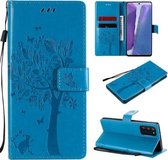 Voor Samsung Galaxy Note20 Tree & Cat Pattern Pressed Printing Horizontale Flip PU lederen tas met houder & kaartsleuven & portemonnee & lanyard (blauw)