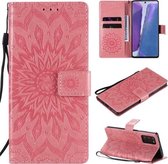 Voor Samsung Galaxy Note20 Reliëf Zonnebloem Patroon Horizontale Flip PU Lederen Case met Houder & Kaartsleuven & Portemonnee & Lanyard (Roze)