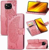 Voor Geschikt voor Xiaomi poco x3 nfc vlinder liefde bloem reliëf horizontale flip lederen tas met beugel / kaartsleuf / portemonnee / lanyard (roze)