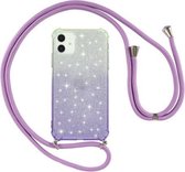 Voor iPhone 11 Pro Max Gradient Glitter Poeder Schokbestendig TPU Beschermhoes met Lanyard (Groen Paars)