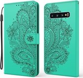 Voor Samsung Galaxy S10 + pauw reliëf patroon horizontale flip lederen tas met houder & kaartsleuven & portemonnee & lanyard (groen)