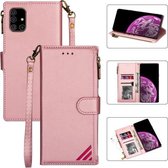 Voor Samsung Galaxy A71 5G Rits Multi-kaartsleuven Horizontale Flip PU lederen hoes met houder & kaartsleuven & portemonnee & lanyard & fotolijst (rose goud)