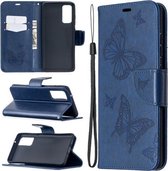 Voor Samsung Galaxy S20 FE 5G / S20 Lite Embossing Twee vlinders patroon Horizontale flip PU lederen tas met houder & kaartsleuf & portemonnee & lanyard (blauw)