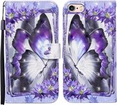 Voor iPhone SE 2020/8/7 3D Geschilderd Patroon Horizontale Flip Leren Case met Houder & Portemonnee & Kaartsleuf & Lanyard (Purple Flower Butterfly)
