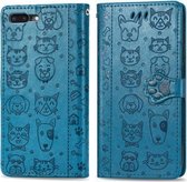 Voor iPhone 8 Plus / 7 Plus Leuke Kat en Hond Reliëf Horizontale Flip PU Lederen Case met Houder / Kaartsleuf / Portemonnee / Lanyard (Blauw)