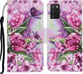 Voor Samsung Galaxy A02s Gekleurde Tekening Patroon Horizontale Flip PU Lederen Case met Houder & Kaartsleuven & Portemonnee & Lanyard (Rose Vlinder)