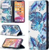 Gekleurde tekening patroon onzichtbare magnetische horizontale flip PU lederen tas met houder & kaartsleuven & portemonnee voor iPhone 11 Pro (blauwe bladeren)