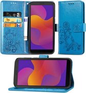 Voor Huawei Y5P 2020 & Honor 9S Lucky Clover Pressed Flowers Pattern Leather Case met houder & kaartsleuven & portemonnee & draagriem (blauw)