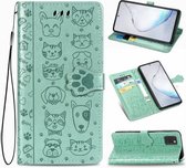 Voor Galaxy Note 10 Lite / A81 Leuke Kat en Hond Reliëf Horizontale Flip Leren Case met Beugel / Kaartsleuf / Portemonnee / Lanyard (Groen)