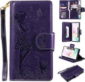 Voor Galaxy Note 10 Plus vrouw en kat reliëf horizontale flip lederen tas, met portemonnee & houder & kaartsleuven & fotolijst & spiegel & lanyard (paars)