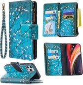 Voor iPhone 12/12 Pro Gekleurde Tekening Patroon Rits Horizontale Flip Leren Case met Houder & Kaartsleuven & Portemonnee (Pruimenbloesem)