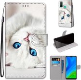 Voor Huawei P Smart (2020) Gekleurde tekening Cross Texture Horizontale Flip PU lederen hoes met houder & kaartsleuven & portemonnee & lanyard (White Kitten)